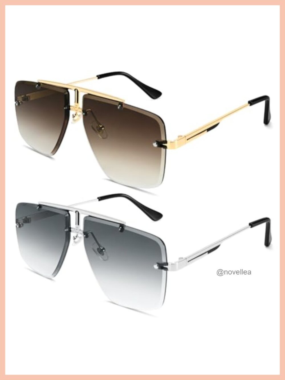 Oversized Rimless Square Sunglasses UV400 Metal Frame Retro Aviator